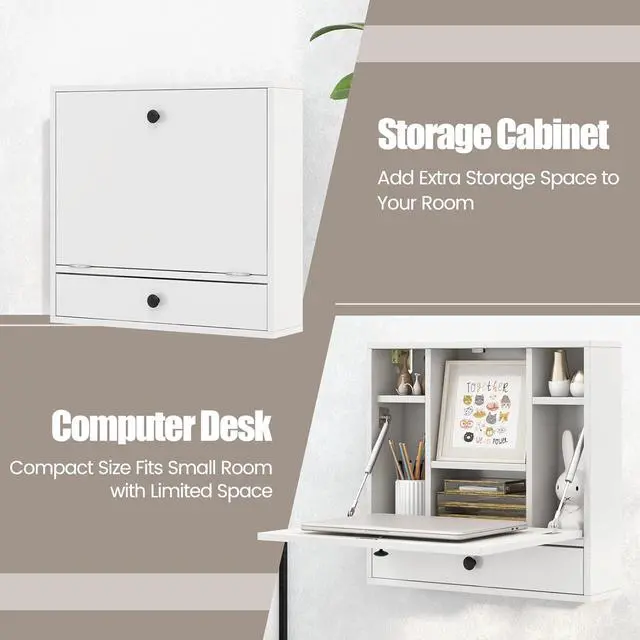 Alt view image 7 of 7 - Folding Wall Desk, Wood Wall Mounted Desk with Storage Drawer and Shelves, Fold Down Wall Mount Laptop Desk, Corner Floating Desk for Small Spaces (White)