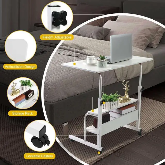 Alt view image 5 of 7 - Adjustable Table Student Computer Portable Home Office Furniture Small Spaces Sofa Bedroom Bedside Desk Learn Play Game Desk on Wheels Movable with Storage Desk Size 31.5 * 15.7 Inch,White D