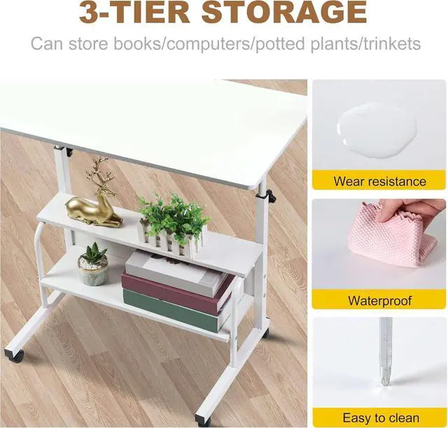 Alt view image 6 of 7 - Adjustable Table Student Computer Portable Home Office Furniture Small Spaces Sofa Bedroom Bedside Desk Learn Play Game Desk on Wheels Movable with Storage Desk Size 31.5 * 15.7 Inch,White D