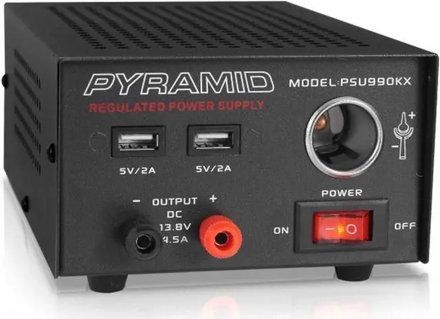Main image of Pyramid Universal Compact Bench Power Supply - 7 Amp Regulated Home Lab Benchtop AC-Dc Converter Power Supply for CB Radio, HAM W/ 13.8 Volt Dc 120V AC Supply, Dual USB, Cigarette Lighter PSU990KX