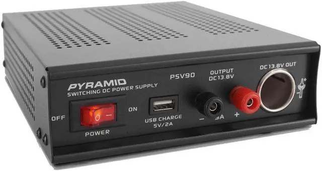 Main image of Pyramid Universal Compact Bench Power Supply - 9 Amp Regulated Home Lab Benchtop AC-DC Converter Power Supply for CB Radio, HAM w/ 13.8 Volt DC 115/230V AC Switchable, USB, Cigarette Lighter - PSV90