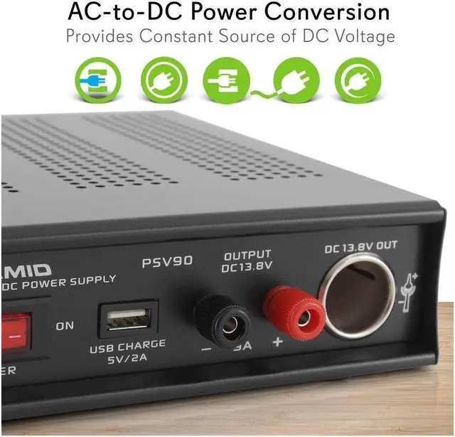 Alt view image 3 of 6 - Pyramid Universal Compact Bench Power Supply - 9 Amp Regulated Home Lab Benchtop AC-DC Converter Power Supply for CB Radio, HAM w/ 13.8 Volt DC 115/230V AC Switchable, USB, Cigarette Lighter - PSV90
