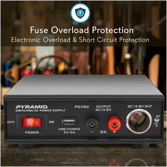 Alt view image 5 of 6 - Pyramid Universal Compact Bench Power Supply - 9 Amp Regulated Home Lab Benchtop AC-DC Converter Power Supply for CB Radio, HAM w/ 13.8 Volt DC 115/230V AC Switchable, USB, Cigarette Lighter - PSV90