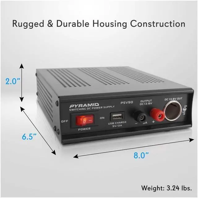 Alt view image 6 of 6 - Pyramid Universal Compact Bench Power Supply - 9 Amp Regulated Home Lab Benchtop AC-DC Converter Power Supply for CB Radio, HAM w/ 13.8 Volt DC 115/230V AC Switchable, USB, Cigarette Lighter - PSV90