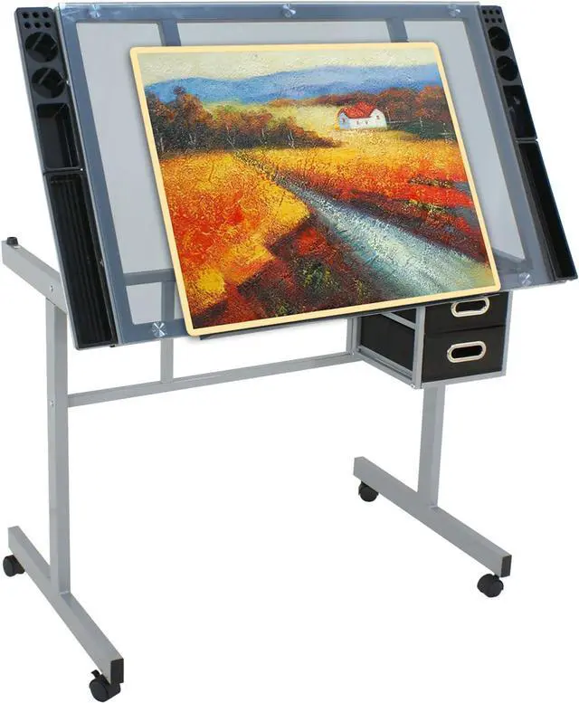Alt view image 6 of 7 - Adjustable Drafting Table Art Desk Drawing Table Versatile Art Craft Work Station Glass Tabletop w/2 Slide Drawers and Wheels for Reading, Writing, Painting Home Office