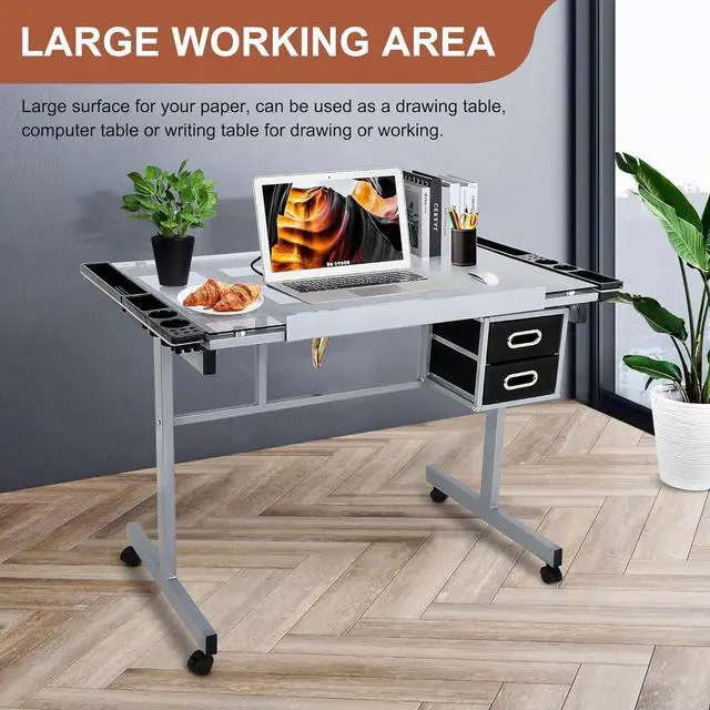 Alt view image 5 of 7 - Adjustable Drafting Table Art Desk Drawing Table Versatile Art Craft Work Station Glass Tabletop w/2 Slide Drawers and Wheels for Reading, Writing, Painting Home Office