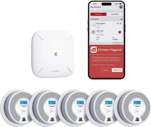 Main image of X-Sense Smart Smoke Detector Carbon Monoxide Detector Combo, Battery-Operated (Not AC Hardwired) Interconnected Combination Smoke Carbon Monoxide Detector, 5 Detectors with 1 Base Station, SC07-MR51