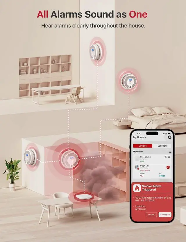 Alt view image 4 of 7 - X-Sense Smart Smoke Detector Carbon Monoxide Detector Combo, Battery-Operated (Not AC Hardwired) Interconnected Combination Smoke Carbon Monoxide Detector, 5 Detectors with 1 Base Station, SC07-MR51