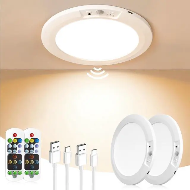 Main image of Rechargeable Motion Sensor Ceiling Light, 5 Colors Wireless Ceiling Light Battery Operated shower lights with Remote, Magnetic Closet Light Battery Powered for Closet Shower Bathroom Hallway, 2 Pack