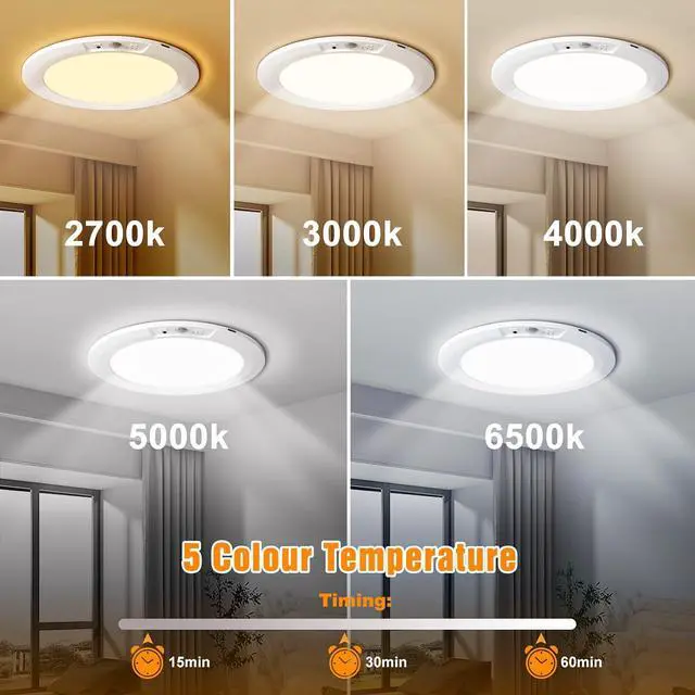 Alt view image 2 of 7 - Rechargeable Motion Sensor Ceiling Light, 5 Colors Wireless Ceiling Light Battery Operated shower lights with Remote, Magnetic Closet Light Battery Powered for Closet Shower Bathroom Hallway, 2 Pack