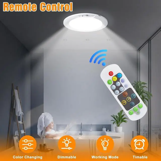 Alt view image 4 of 7 - Rechargeable Motion Sensor Ceiling Light, 5 Colors Wireless Ceiling Light Battery Operated shower lights with Remote, Magnetic Closet Light Battery Powered for Closet Shower Bathroom Hallway, 2 Pack
