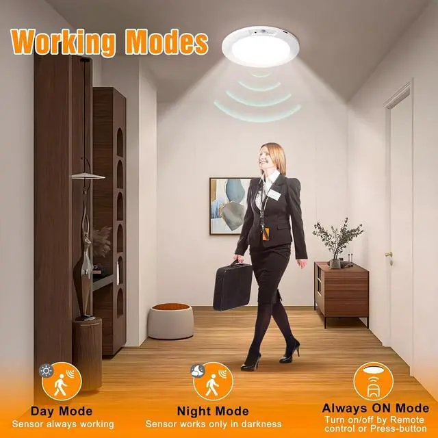 Alt view image 5 of 7 - Rechargeable Motion Sensor Ceiling Light, 5 Colors Wireless Ceiling Light Battery Operated shower lights with Remote, Magnetic Closet Light Battery Powered for Closet Shower Bathroom Hallway, 2 Pack