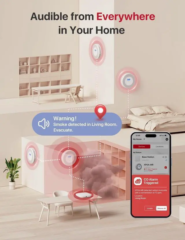 Alt view image 4 of 7 - X-Sense Combination Smoke and Carbon Monoxide Detector with Voice Location, Interconnected Smoke Detector Carbon Monoxide Detector Combo with Base Station (Included), Model XP0A-MR31