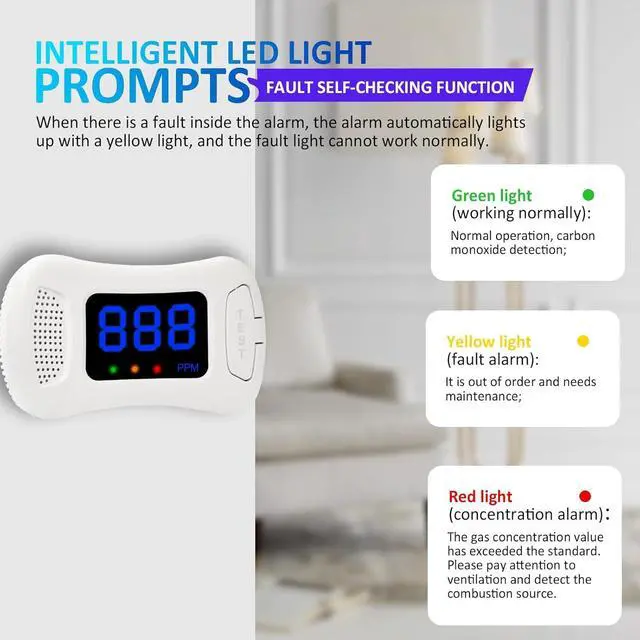 Alt view image 6 of 7 - 3 Packs Carbon Monoxide Detectors,CO Alarm Detector Monitor Battery Operated with PPM Value Display,Carbon Monoxide Alarm with Sound &Light Warning,Accurate & Easy to Read,for Home Kitchen Office