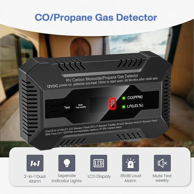 Alt view image 4 of 7 - Dual CO/LP Alarm with Bracket - RV Carbon Monoxide and Propane Detector for Travel Trailer and Camper, Separated LED Indicator for Propane and CO, 85dB Loud Alarm - 12V DC RV Propane Gas Detector