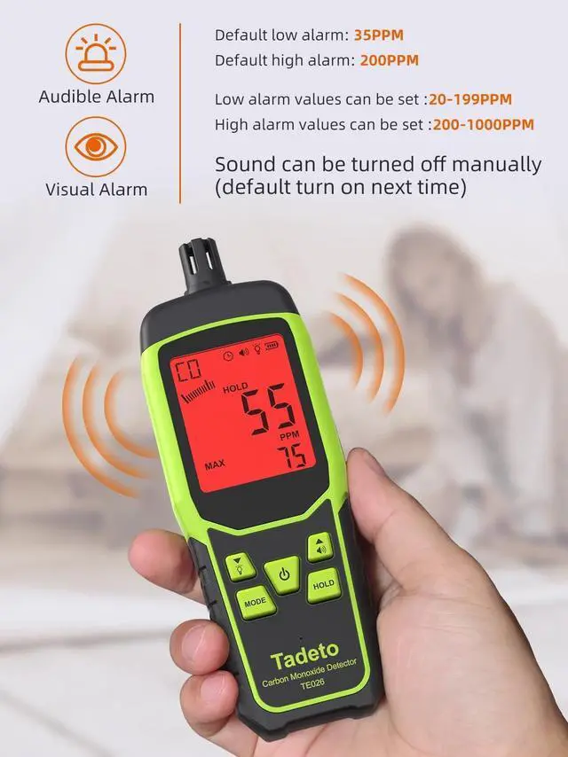 Alt view image 4 of 6 - Carbon Monoxide Detectors, Portable CO Detector with Audible & Visual Alarm, 2.4-in Backlit Screen 0-1000PPM Travel CO Gas Meter for Home, Industrial and Outdoor (includes Battery x3)