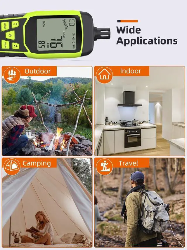 Alt view image 5 of 6 - Carbon Monoxide Detectors, Portable CO Detector with Audible & Visual Alarm, 2.4-in Backlit Screen 0-1000PPM Travel CO Gas Meter for Home, Industrial and Outdoor (includes Battery x3)