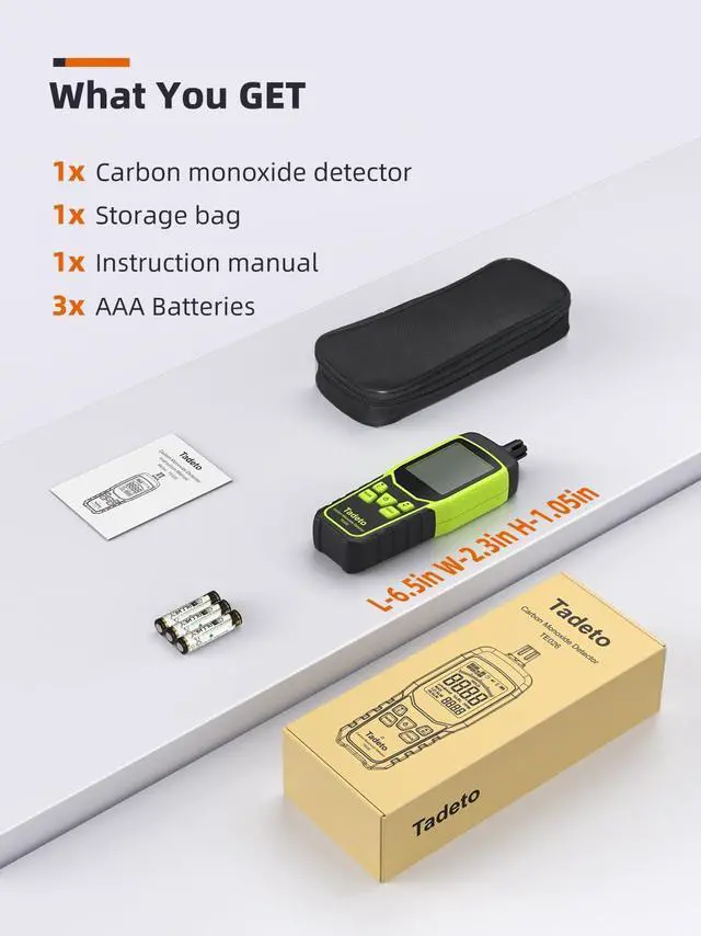 Alt view image 6 of 6 - Carbon Monoxide Detectors, Portable CO Detector with Audible & Visual Alarm, 2.4-in Backlit Screen 0-1000PPM Travel CO Gas Meter for Home, Industrial and Outdoor (includes Battery x3)