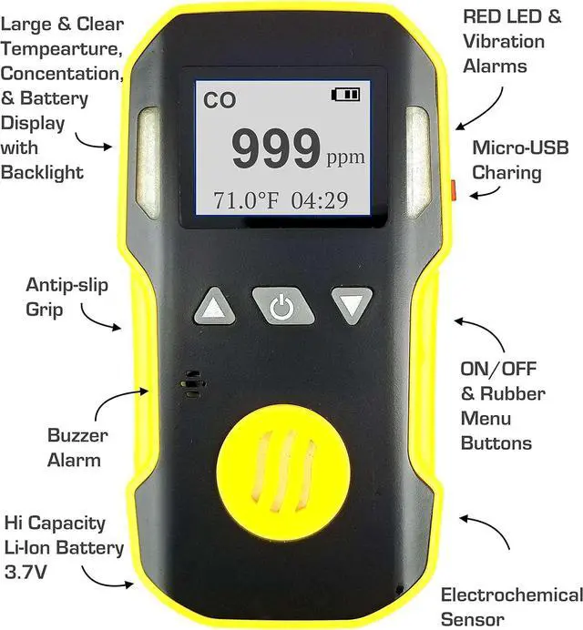 Alt view image 4 of 5 - Carbon Monoxide CO Meter by Forensics | USA NIST Calibration | Dust & Explosion Proof | USB Recharge | Sound, Light and Vibration Alarms | 0-1000 ppm |