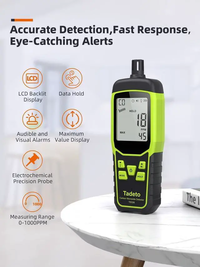Alt view image 3 of 6 - Carbon Monoxide Detectors, Portable CO Detector with Audible & Visual Alarm, 2.4-in Backlit Screen 0-1000PPM Travel CO Gas Meter for Home, Industrial and Outdoor (includes Battery x3)