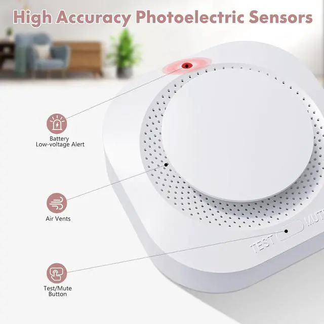 Alt view image 3 of 7 - Smoke Detector, Battery Operated Smoke Alarm with Photoelectric Technology, UL Listed Fire Alarms Smoke Detectors with LED Indicator and Test Button (4 Pack)