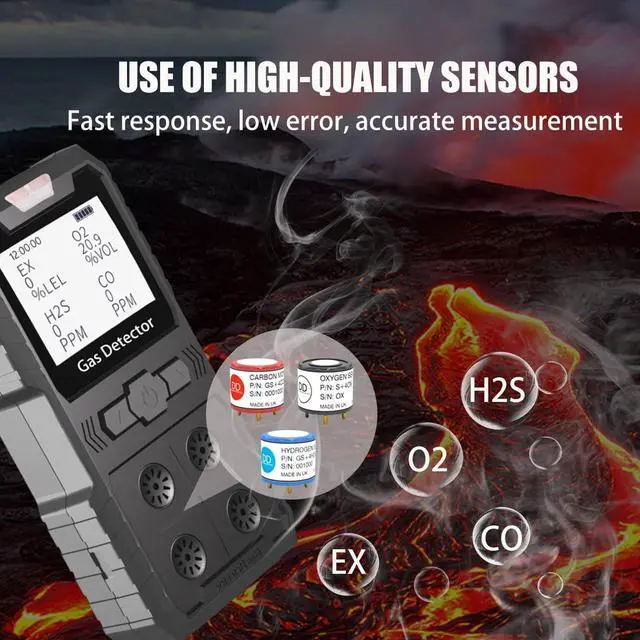 Alt view image 7 of 7 - 4 Gas Detector, Portable 4 Gas Monitor Multi Gas Detector H2S,O2,CO and EX Rechargeable LCD Display H2s Monitor, Quality Sensor 4 Gas Meter Gas Sniffer (Black)