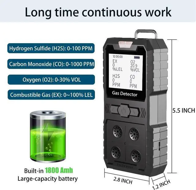 Alt view image 3 of 7 - 4 Gas Detector, Portable 4 Gas Monitor Multi Gas Detector H2S,O2,CO and EX Rechargeable LCD Display H2s Monitor, Quality Sensor 4 Gas Meter Gas Sniffer (Black)