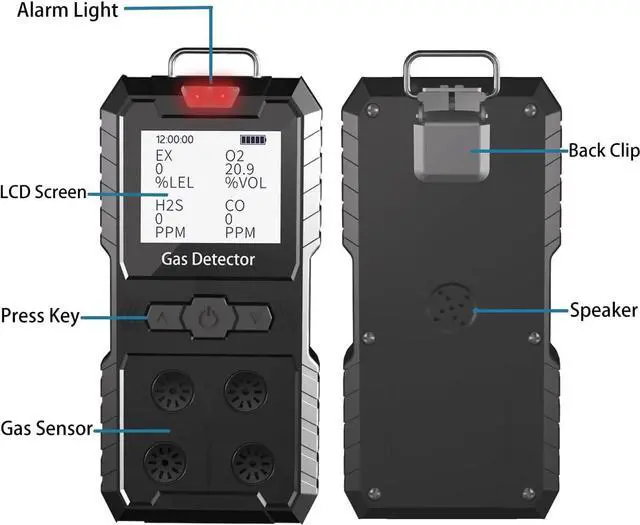 Alt view image 4 of 7 - 4 Gas Detector, Portable 4 Gas Monitor Multi Gas Detector H2S,O2,CO and EX Rechargeable LCD Display H2s Monitor, Quality Sensor 4 Gas Meter Gas Sniffer (Black)