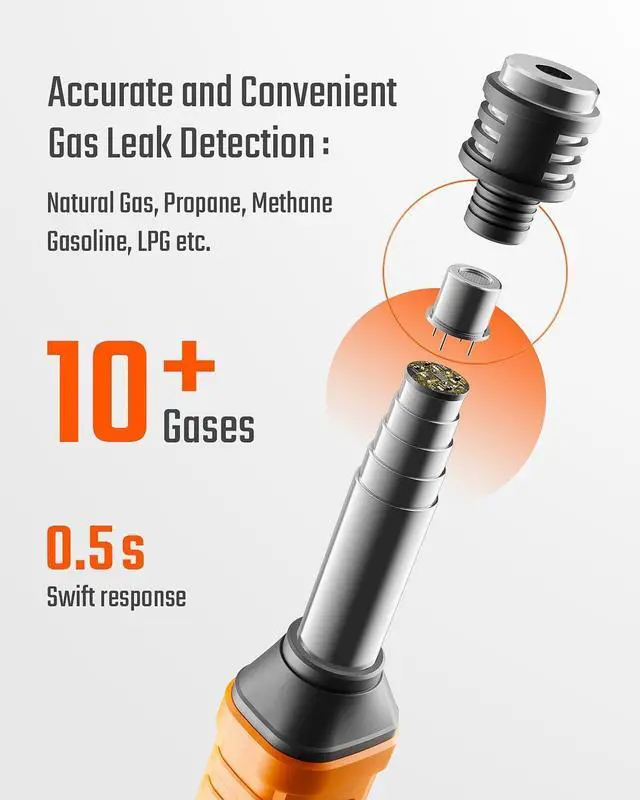 Alt view image 3 of 7 - Natural Gas Detector, TopTes PT299 Gas Leak Detector with Extendable Rod, Portable Propane Sniffer for Detecting Combustible Leaks Like Methane & Butane for Home, RV (Includes Battery x2) - Orange