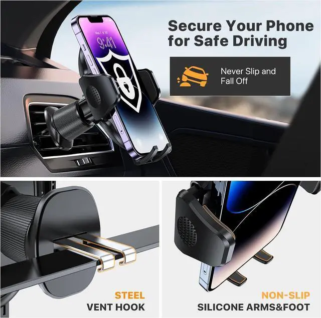 Alt view image 3 of 6 - Miracase Phone Holders for Your Car with Metal Hook Clip, Air Vent Cell Phone Stand Car Mount, Universal Automobile Cradle Fit for iPhone Android and All Smartphones, Dark Black