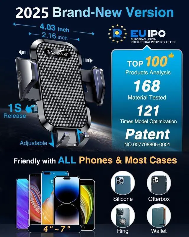 Alt view image 5 of 7 - [2025 True Military-Grade] Car Phone Holder VANMASS [Upgraded Strongest Suction & Clip] Cell Phone Mount for Dashboard Windshield Vent,Truck Cradle Stand for iPhone 16 Pro Max 15 14 13 Samsung Android