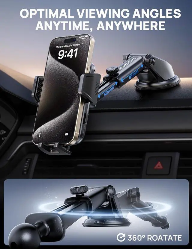 Alt view image 3 of 7 - Adjustable Windshield Phone Mount for Car Suction Cup Dashboard Holder for All Cell Phone (+Vent Hook) [Military Grade Stable] Non-Slip Silicone Carbon Fiber (Black)