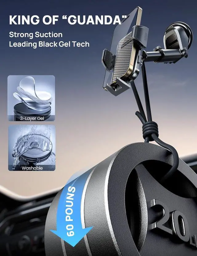 Alt view image 4 of 7 - Adjustable Windshield Phone Mount for Car Suction Cup Dashboard Holder for All Cell Phone (+Vent Hook) [Military Grade Stable] Non-Slip Silicone Carbon Fiber (Black)
