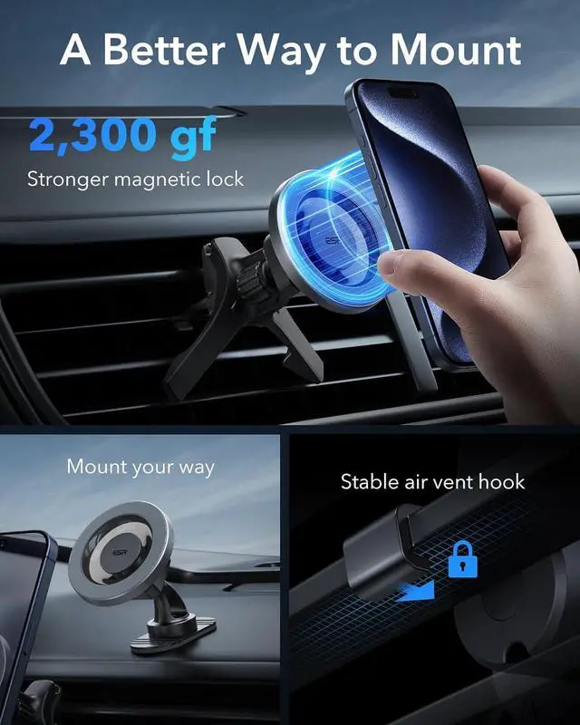 Alt view image 2 of 7 - ESR for MagSafe Car Mount, Air Vent/Dashboard Magnetic Phone Holder for Car,Car Phone Holder Mount for iPhone 16/16e/15/14/13/12/Samsung, All Smartphones(2 Metal Rings included),Charging Not Supported