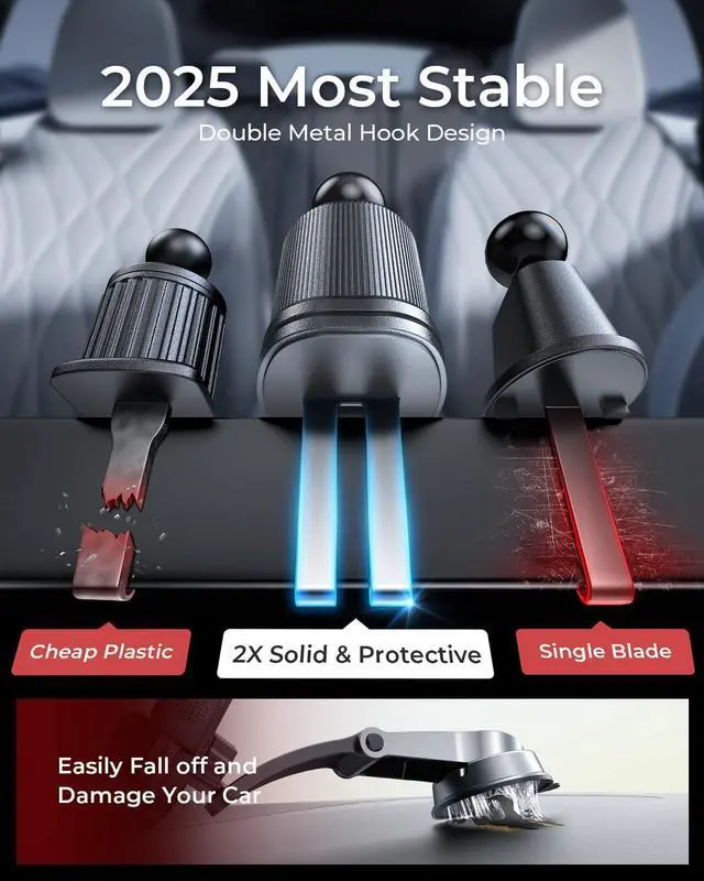 Alt view image 2 of 7 - MRGLAS 2025 Upgraded Phone Holders for Your Car with New Metal Hook Clip, Handy Air Vent Cell Phone Car Mount [One Hand Operation], Universal Automobile Cradle for iPhone Android and All Smartphones