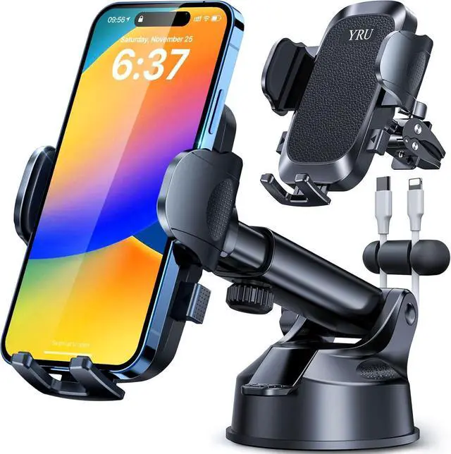 Main image of [2025 Upgrade Extreme Strong Suction] YRU Car Phone Holder Mount,[Bumpy Road Stable]Dashboard Cell Phone Holder for Car Vent Windshield Phone Stand for iPhone 16 15 14 13 Pro Max Samsung Truck, Black