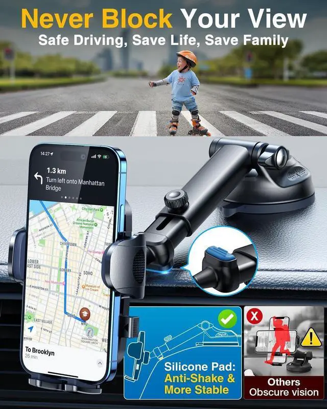 Alt view image 3 of 7 - [2025 Upgrade Extreme Strong Suction] YRU Car Phone Holder Mount,[Bumpy Road Stable]Dashboard Cell Phone Holder for Car Vent Windshield Phone Stand for iPhone 16 15 14 13 Pro Max Samsung Truck, Black