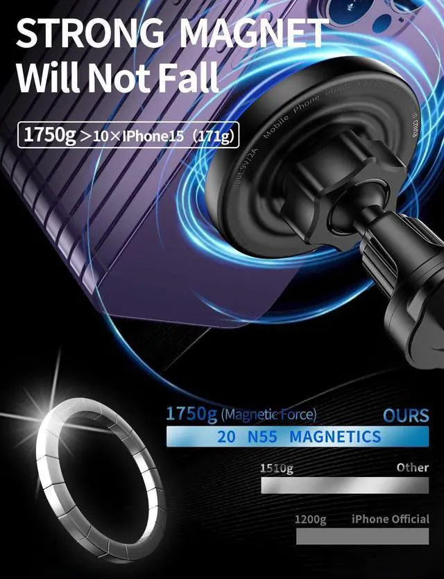 Alt view image 5 of 7 - MagSafe Car Mount Charger 3 in 1 [LED RGB HandsFree] Wireless Car Charger Magnetic Phone Holders for Your Car- Fast Charging Car MagSafe Charger for iPhone 16/15/14/13/12 Series Gift for Men Women