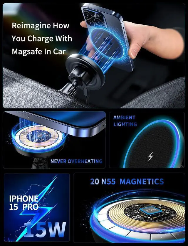 Alt view image 4 of 7 - MagSafe Car Mount Charger 3 in 1 [LED RGB HandsFree] Wireless Car Charger Magnetic Phone Holders for Your Car- Fast Charging Car MagSafe Charger for iPhone 16/15/14/13/12 Series Gift for Men Women