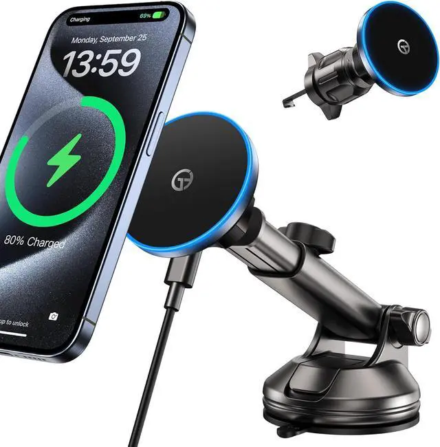 Main image of for MagSafe Car Mount ChargerDash+Vent+WindshieldWireless Car Charger with [LED Light] for Night Align, Strong Magnetic Phone Holder for Car for iPhone 16 15 14 13 12 Series, Fit MagSafe Accessories