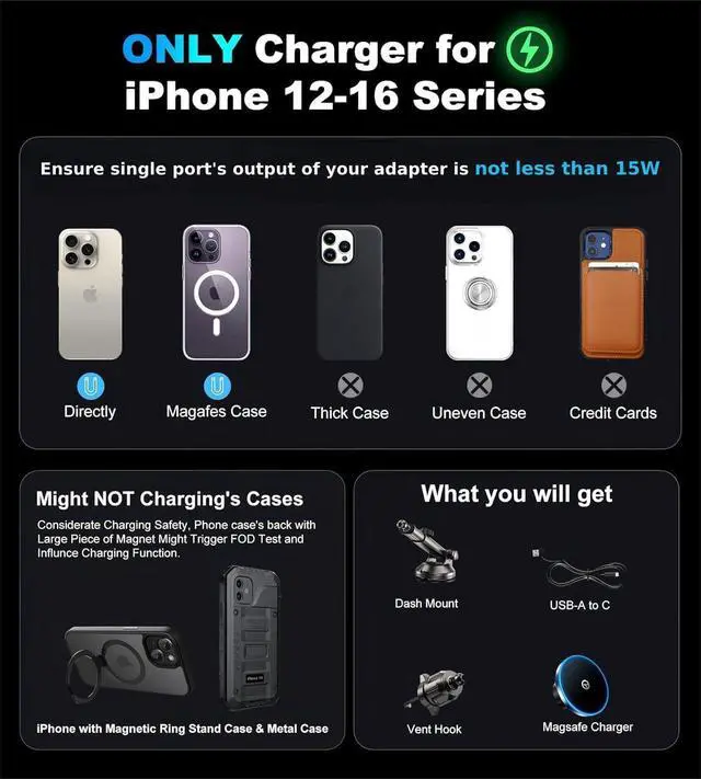 Alt view image 2 of 7 - for MagSafe Car Mount ChargerDash+Vent+WindshieldWireless Car Charger with [LED Light] for Night Align, Strong Magnetic Phone Holder for Car for iPhone 16 15 14 13 12 Series, Fit MagSafe Accessories