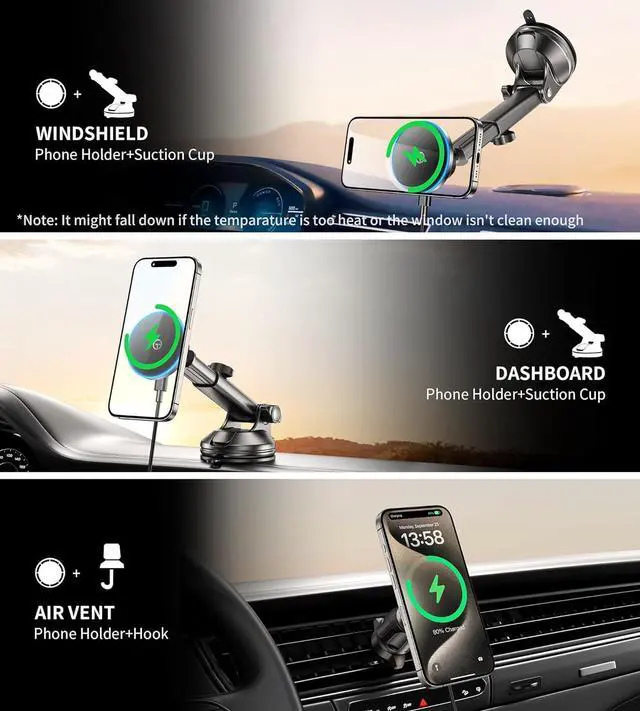 Alt view image 6 of 7 - for MagSafe Car Mount ChargerDash+Vent+WindshieldWireless Car Charger with [LED Light] for Night Align, Strong Magnetic Phone Holder for Car for iPhone 16 15 14 13 12 Series, Fit MagSafe Accessories