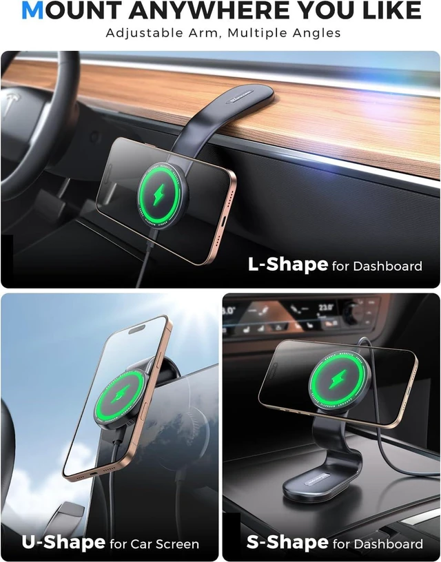 Alt view image 3 of 7 - eSamcore for Magsafe Car Mount Charger, Wireless Magnetic Car Phone Holder Detachable 15W Fast Charging for Dashboard with Bendable Aluminum Arm Only Fit iPhone 16 15 14 13 12 Pro Max Mini