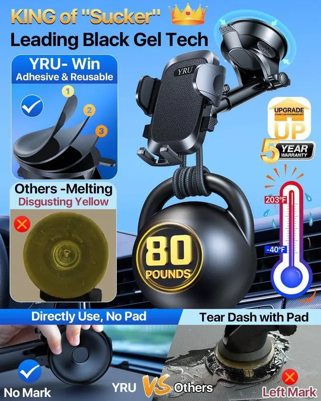 Alt view image 4 of 7 - [2025 Upgrade Extreme Strong Suction] YRU Car Phone Holder Mount,[Bumpy Road Stable]Dashboard Cell Phone Holder for Car Vent Windshield Phone Stand for iPhone 16 15 14 13 Pro Max Samsung Truck, Black