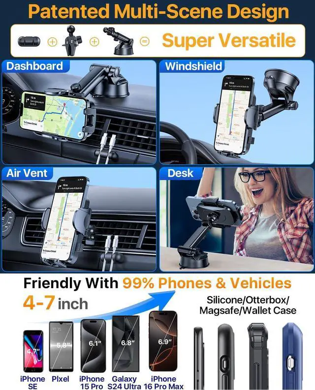 Alt view image 5 of 7 - [2025 Upgrade Extreme Strong Suction] YRU Car Phone Holder Mount,[Bumpy Road Stable]Dashboard Cell Phone Holder for Car Vent Windshield Phone Stand for iPhone 16 15 14 13 Pro Max Samsung Truck, Black