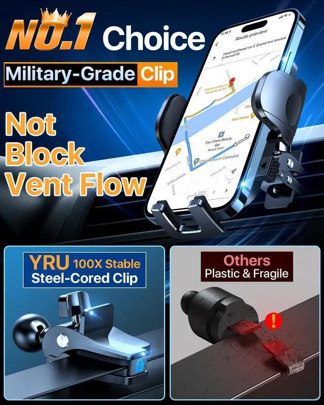 Alt view image 7 of 7 - [2025 Upgrade Extreme Strong Suction] YRU Car Phone Holder Mount,[Bumpy Road Stable]Dashboard Cell Phone Holder for Car Vent Windshield Phone Stand for iPhone 16 15 14 13 Pro Max Samsung Truck, Black