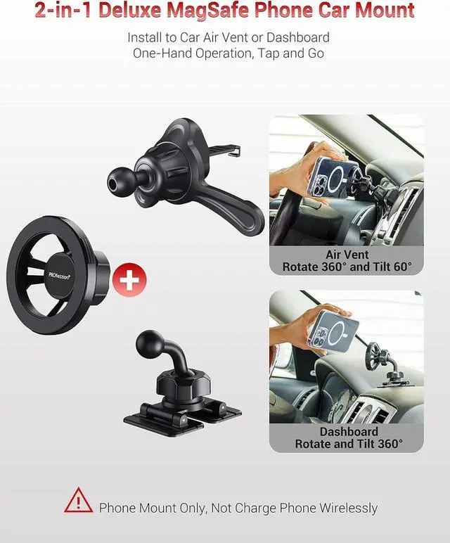 Alt view image 3 of 7 - PROfezzion for Metal MagSafe Car Mount, Deluxe Magnetic Phone Holders for Your Car Air Vent or Dashboard Compatible with iPhone 16 15 14 13 12 Pro Max Plus & All Phones, Hands Free and 360° Rotation