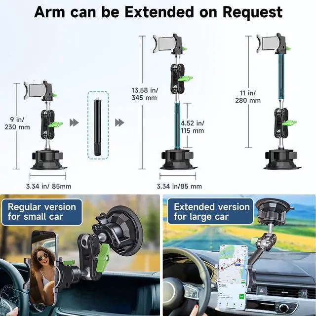 Alt view image 3 of 7 - HEMMOTOP Suction Cup Car Phone Mount, 12 in Heavy Duty Metal Cell Phone Holder for Windshield, 360° Rotation Vacuum Magic Arm for iPhone All Smartphone & Cars Truck