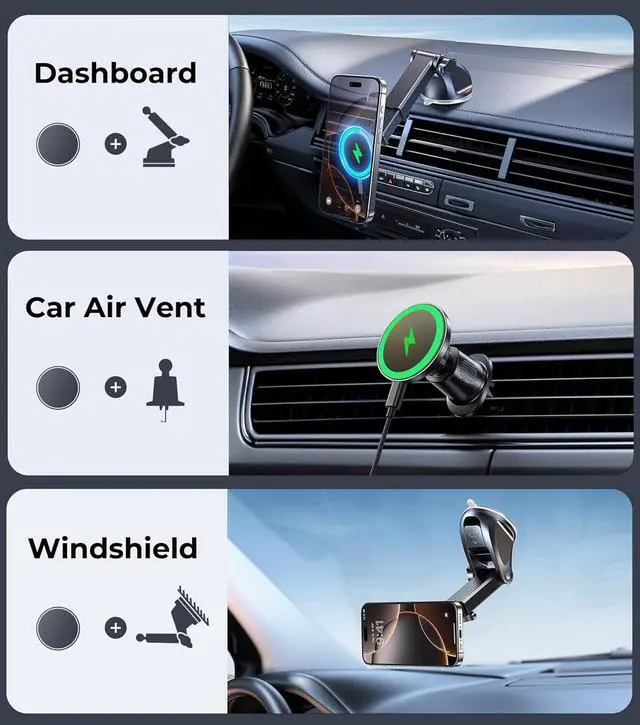 Alt view image 2 of 7 - New 2025 Vacuum Magnetic Phone Suction Holder, 15W Wireless Charger for MagSafe Car Mount & Dashboard Windshield Vent Holder, All-Weather Suction for Uber, iPhone 16/15/14 Pro Max Plus
