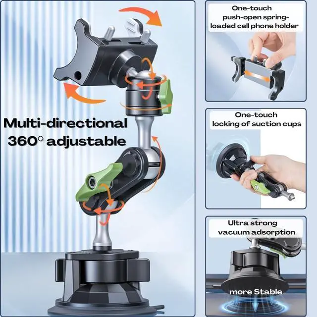 Alt view image 4 of 7 - Suction Cup Phone Mount, Ultra-Stable Phone Holder for Vlog Shooting, 360 Rotation for Windshield, Roof Glass, Car Window, Fit for All Smartphones